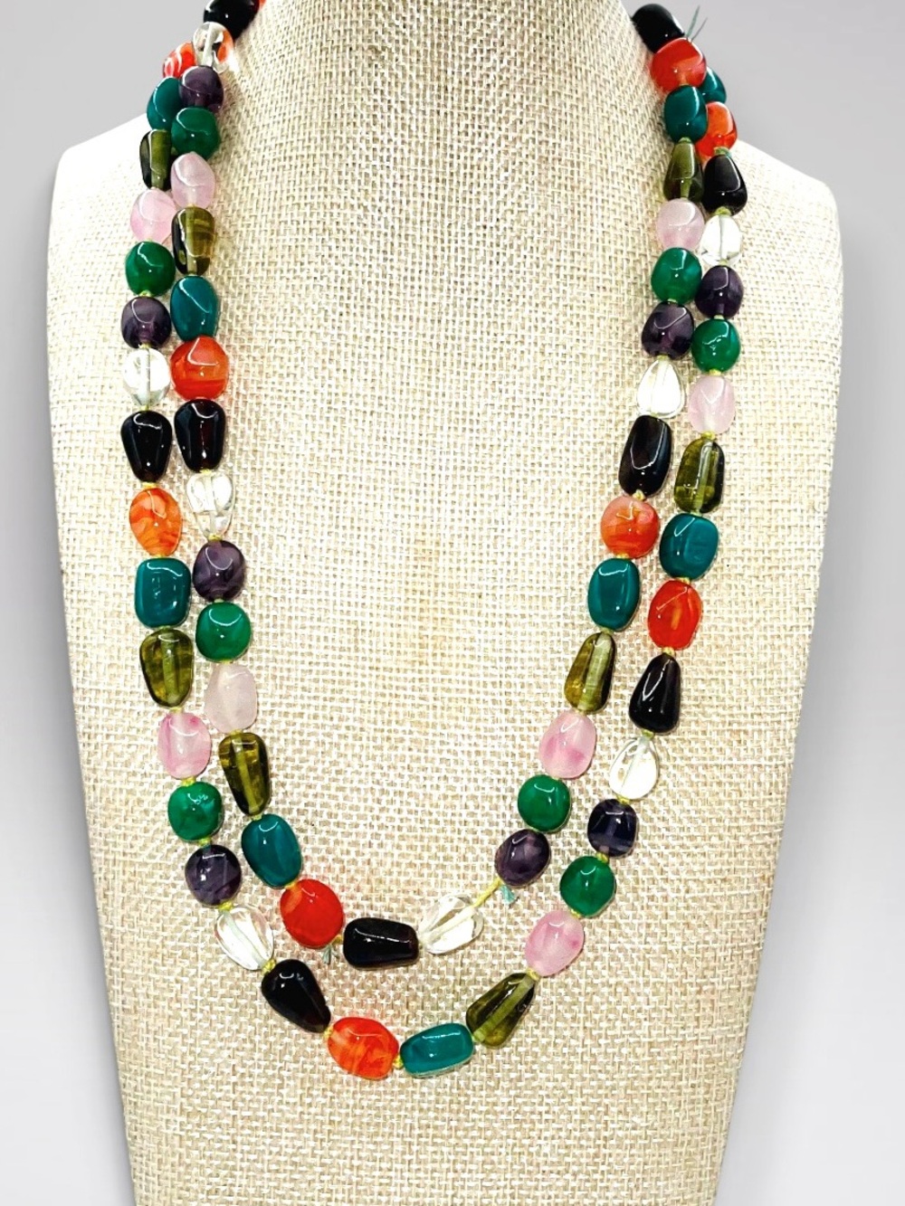 Vintage Japan Multi Strand Gemstone Beaded Necklace Agate Quartz